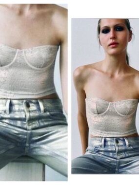 Zara Sequin Bustier Crop Top Champagne Sparkly size M NWT